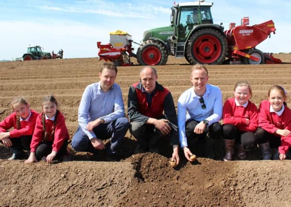 Pupils Daisy Forbes,  Robyn Graham, Ellie Palmer and Amy Edgar, are pictured with Stuart Meredith, agronomist Wilsons Country; host farmer Derek Erwin, and Glenn Stewart, teacher Loughries Integrated Primary School