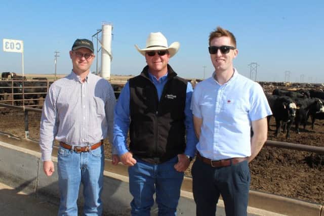 Alltech's Richard Dudgeon (right) with Dr Ben Holland, head of research, 
and Randy Shields, manager Wrangler feed lot, Tulia, Texas