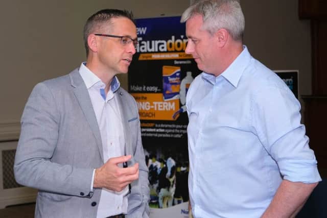 Brendan McVeigh, Norbrook chats to Shane McElroy, Veterinary Practicioner, Glanbia at the Norbrook Strategic Use of Wormers Conference. Photograph: Columba O'Hare/ Newry.ie