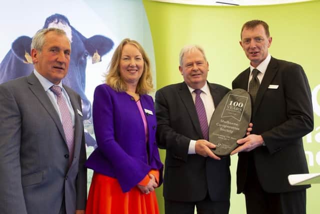 31/5/2019
Glanbia Shelburne Co-Op Campile Co.Wexford celebrating 100years.
From left; Eamon Power Glanbia board member, Siobhan Talbot ,Glanbia Group MD, Martin Keane Glanbia chairperson and Robert Furlong Glanbia branch manager Photo;Mary Browne
Press release
Campile marks centenary celebration

31 May 2019
An action-packed celebration got underway to mark an eventful 100 years of the Shelburne Co-operative Society which was set up by farmers in the heart of Campile, Co Wexford to serve their community.
Over the century it has overcome a WWII bombing with the tragic loss of life of staff, the economic uncertainty of wartime and a massive fire at the start of the harvest season in the 50s that nearly spelled disaster.
Along with the changing face of the Irish agriculture scene, it moved from once trading in rabbits and poultry to a modern day enterprise with a strong turnover through the innovative actions of its staff and farmers.
Siobhán Talbot, Glanbia Group managing director, paid tribute to the work of
