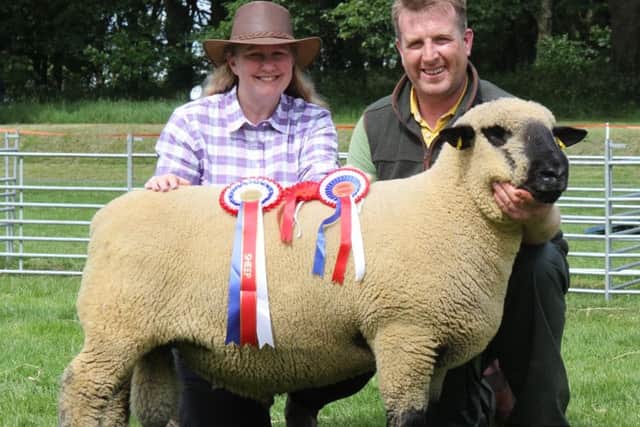 Sean and Gillian Doyle with their Hampshire Down champion and interbreed sheep champion at 107th Lurgan show. Picture: Julie Hazelton