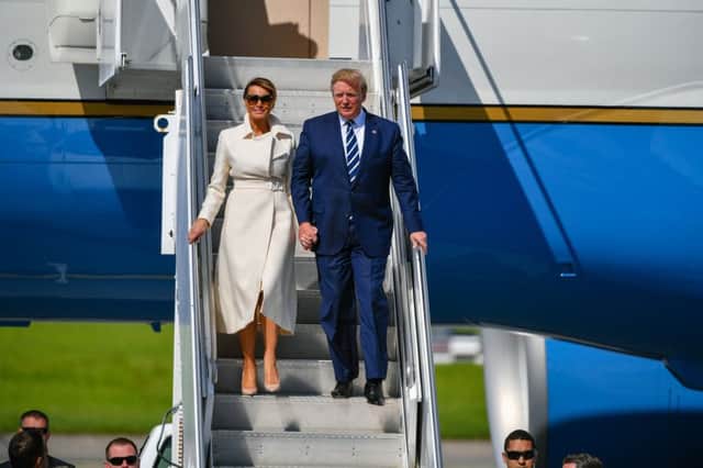 PACEMAKER PRESS 05/06/2019: US President Donald Trump and his wife, First Lady Melania Trump, are greeted by Taoiseach Leo Varadkar and officials at Shannon Airport, Co Clare, Ireland.  Picture: Ronan McGrade/Pacemaker Press