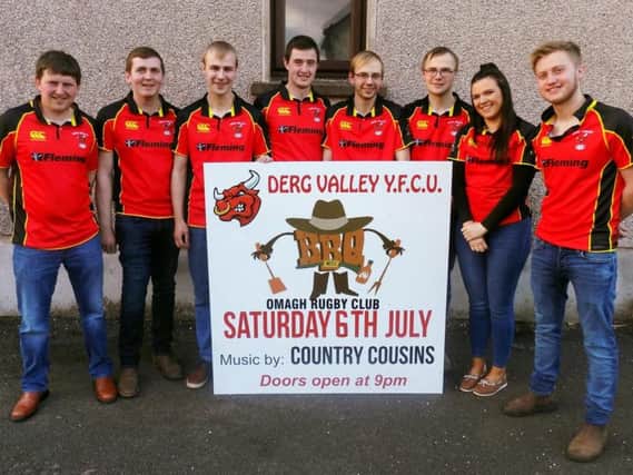 Members of Derg Valley YFC, pictured, are busy preparing for this years Omagh Show dance and barbecue, which will take place in Omagh Rugby Club on Saturday, July 6. Pictured are club members, from left, Adam Crockett, Samuel Hunter, Ashley Hamilton, Robbie Foster, Gareth Hamilton, Mark Hamilton, Kathryn Mitchell and Calvin Nethery