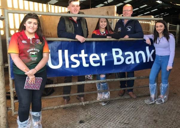 Pictured at the Tyrone and Fermanagh heats of the YFCU beef and sheep stock judging competition, sponsored by Ulster Bank, are from left, Jeannie McCaffrey, Cappagh YFC, James McKelvey, Newtownstewart YFC, Zara Preston, Cappagh YFC, William McKelvey, Newtownstewart YFC, and Natalie Burrows, Cappagh YFC