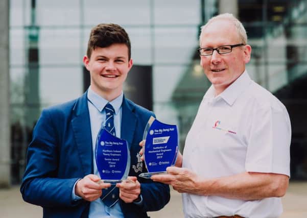 Pictured with his awards from The Big Bang Fair NI incorporating Sentinus Young Innovators, St Colmans College, Newry, pupil Redmond OHanlon and Bill OConnor, Sentinus CEO