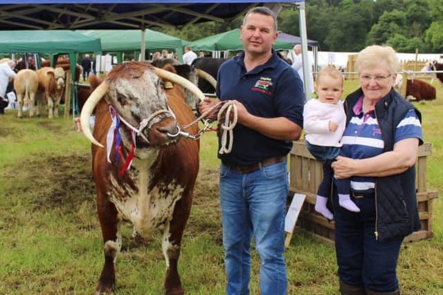 Arnold Pearson, Anna Pearson and 10-month old Jessica Pearson, all 
from Newtownards, enjoying a great day out with their English Longhorn 
cow at Newry Show
