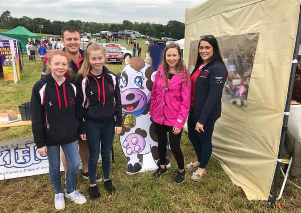 Left to right are club members Amy Macauley, Ellie Heenan, Matthew Murphy (secretary) and Lois Bingham (PRO) pictured with YFCU Moo and YFCU president Zita Blair at the Rathfriland YFC stand at Newry Show