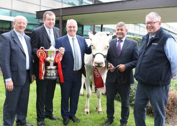 Pictured at the launch of the 2019 Diageo Baileys Champion Dairy Cow Competition  at Diageo Baileys Global Supply in Dublin are from left Brendan Smyth Competition Director; Anthony Farrelly Glanbia Ireland Virginia; Robert Murphy, Head of Baileys Global Operations; the Irish Minister of State for Agriculture, Andrew Doyle T.D. and John Martin, Secretary of Holstein NI.