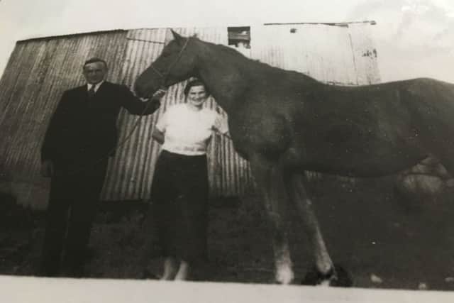 Wise Girl with William and Ethel Alexander at our humble stable in the late 1930s/early 40s. (Photo by Uncle Bob McCracken, Omagh.)
