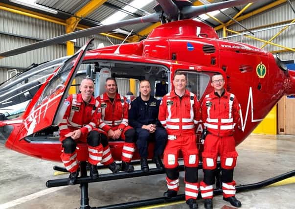 Pictured at the Air Ambulance base is the team that was tasked for the very first call out in July 2017, Glenn O'Rorke, HEMS Operational Lead, Darren Monaghan, HEMS Clinical Lead, Pilot Dave OToole and HEMS Paramedics Philip Hay and Mike Patton