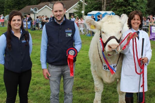 Leannne Kelly and Keith Williamson, from Linden Foods, congratulate Gail Matchett on winning the Northern Ireland Shows Association (NISA) Heifer Championship. The finals of the event were held at this year's Clogher Valley Show.