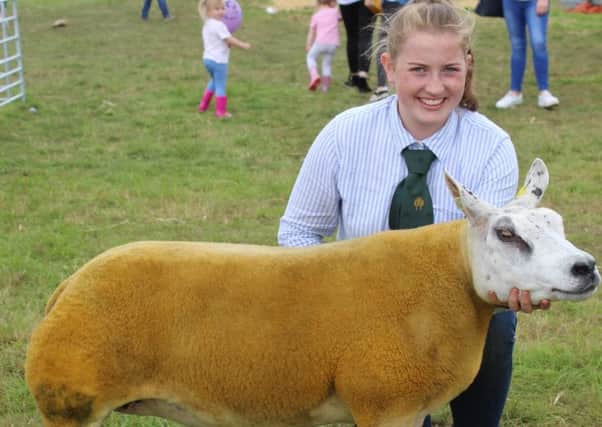 Sophie McAllister, from Ballymena with the sheep inter-breed 
champion at Clogher Valley Show 2019. The Beltex ewe is owned by her 
aunt Elizabeth McAllister
