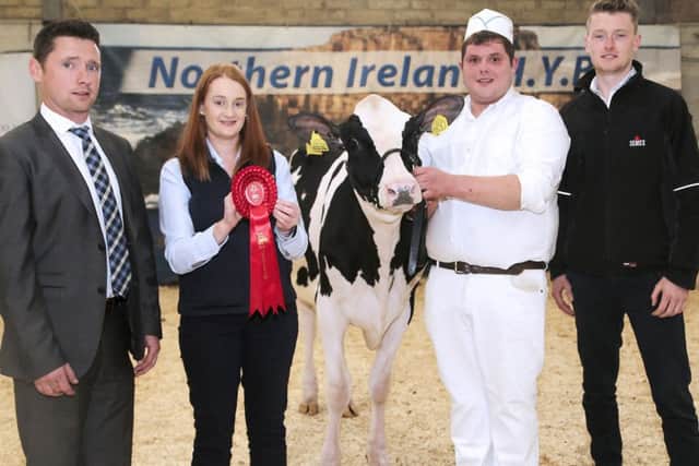 Matthew McLean, Bushmills, exhibited the honourable mention award winner and reserve exhibitor-bred champion Priestland 6474 Solomon James Rose. Adding their congratulations are judge Rory Timlin; and sponsors Denise Rafferty, Thompsons; and Shay Oâ¬"Neill, Semex. Picture: Jane Steel