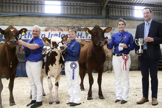 Ayrshire showmanship winners at the 17th annual multi-breed dairy calf show, held at Dungannon. Included are from right to left: Alison Beattie, Farm Wardrobe; Iwan Thomas, judge; Jessica Hall, champion; Cameron Carson, reserve champion; and Stephanie Farren, honourable mention. PIcture: Jane Steel
