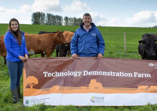 Kenneth Johnston, Technology Demonstration Farms Scheme Manager, Sophie Tyner, Technology Demonstration Farms Scheme Co-ordinator and Graeme Campbell, Senior Beef and Sheep Technologist, CAFRE promoting the opening of the Beef and Sheep Technology Demonstration Farms on Monday 16 September 2019.