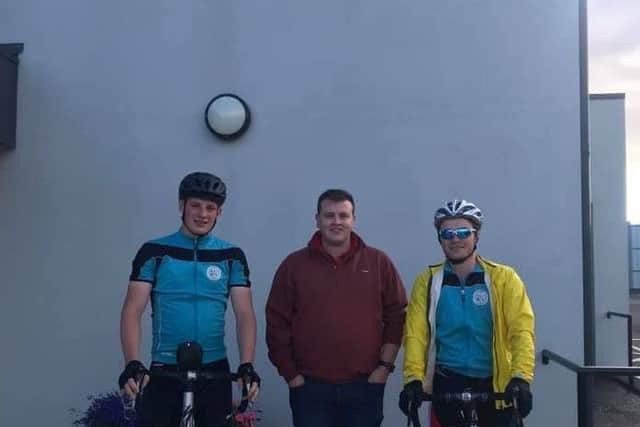 Setting off on day two heading off from Rathfriland young farmers Club after getting looked after for a night's rest and getting well fed. James Fullerton and Andrew White with Rathfriland YFC member