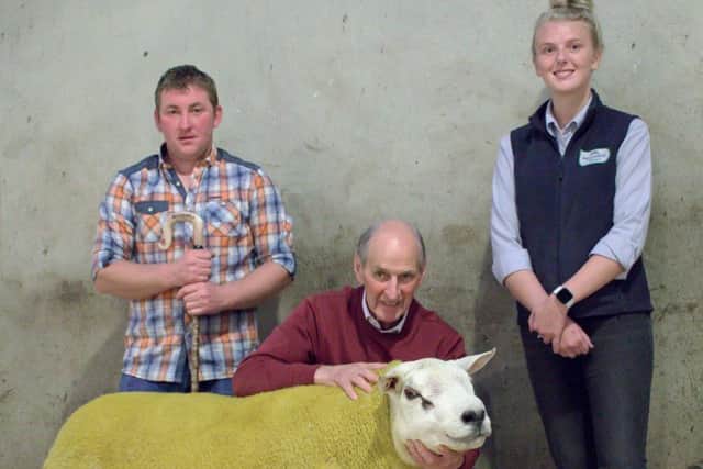Mr S Burns, Longbeech accepts the Fane Valley Reserve Championship from Judge Frank Clewer and sponsor Rebecca Laffin Fane Valley at the NI Texel Breeders Club Show and Sale in Hilltown.