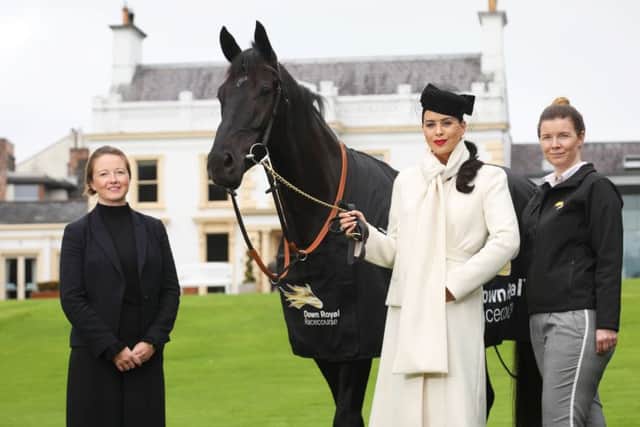 Pictured launching the competition is (l-r) Beth Greenan, Group Sales Manager at Galgorm Spa & Golf Resort, fashion stylist and competition judge Rebecca McKinney and Claire Rutherford, Sales & Marketing Director at Down Royal Racecourse. They are pictured alongside the Jamie Sloan trained Folio.
