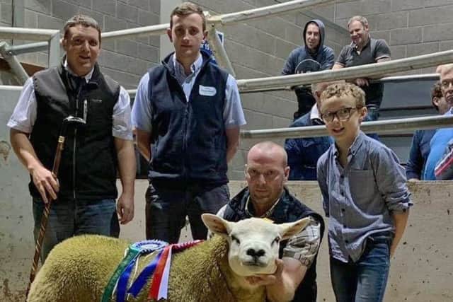 Alistair Breen and son Harry, Drumderg Texels accept the Fane Valley Champion rosette from Fane Valley representative Tom Digby and Judge Andrew Moses at the NI Texel Breeders Club Show and Sale at Markethill.