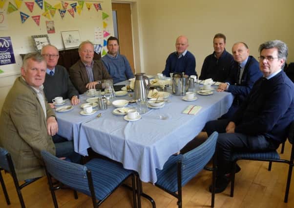 Round table discussions with farming representatives in Cloughey Presbyterian Church as part of the Moderators Presbytery Tour of PCIs Ards Presbytery (left to right) Sam Chesney, chair of the Ulster Farmers' Unions Cattle and Sheep Committee, Rev Bill Cameron of Glastry Presbyterian Church, William Taylor of the agri-food industry, local farmers Fergal Watson, Geoffrey Patton and John Martin, Dr Henry and Ards Presbytery Clerk, Rev John Flaherty