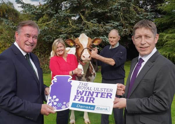RUAS Chief Executive Alan Crowe and Operations Director Rhonda Geary join Winter Fair exhibitor John Hunter with Sandyford Honest Blizzard, alongside Head of Agribusiness at Danske Bank, Rodney Brown, to launch the countdown to this year's Royal Ulster Winter Fair.