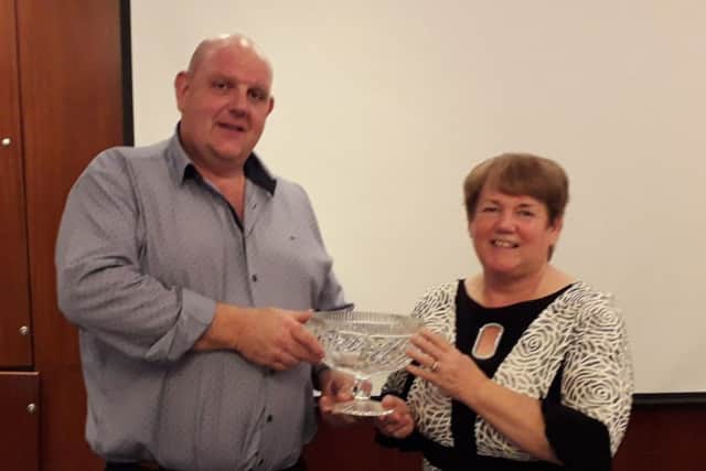 William McAllister presents Chairmans Trophy to Maureen Cowan