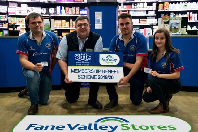 Left to right: Mark Walker - Collone YFC, Donald Mackey - Markethill Mart Store Manager, Nathan Meredith - Collone YFC & Clarise Crozier - Collone YFC.