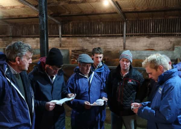 Gareth Beacom, CAFRE and David Henderson, host farmer discuss BovIS data with a selection of farmers attending the recent Business Development Group meeting on his farm at Tamlaght, County Fermanagh.