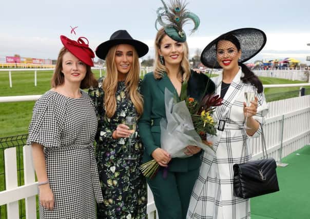 Winner of Galgorm Spa & Golf Resort Best Dressed Lady at Down Royal Racecourse, Rhiannon Hegarty (26) from Strabane Co. Tyrone is pictured with Beth Greenan, Group Sales Manager at Galgorm Spa & Golf Resort (left) and competition judges Irish Fashion Blogger Nicola Hughes (second left), and Rebecca McKinney, Cool FM Breakfast Show Presenter and Fashion Stylist (right)