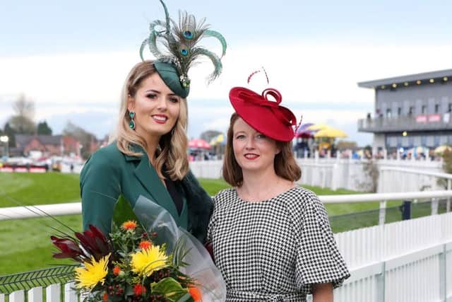 (l-r) Winner of Galgorm Spa & Golf Resort Best Dressed Lady at Down Royal Racecourse, Rhiannon Hegarty (26) from Strabane Co. Tyrone pictured with Beth Greenan, Group Sales Manager at Galgorm Spa & Golf Resort