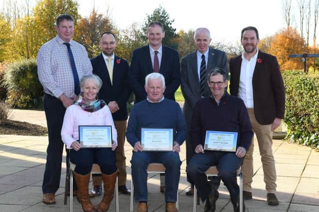 Spring barley:  Left to right, is Back row Leslie Dunn (2nd place), Adam Nears (Bayer CropScience), David Brown (UFU deputy president), Ray Morrison (Fane Valley), David Gault (3rd place). Front row Irene Dunn (2nd place) Wilbert Hessin (1st place) and Ian Gault (3rd place)