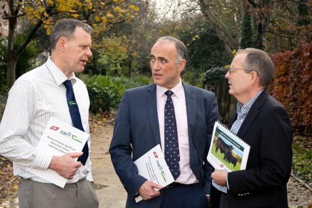 ABP, in conjunction with the Irish Cattle Breeding Federation (ICBF) and Teagasc has announced announced the latest results from its dairy beef genetic research programme, demonstrating a significant shift in carbon reductions in dairy beef. Making the announcement are Padraig French, Head of Dairy Research at Teagasc, Andrew Cromie, ICBF Technical Director and Dean Holroyd, Group Technical and Sustainability Director, ABP. Picture: Colm Mahady/Fennell Photography 2019