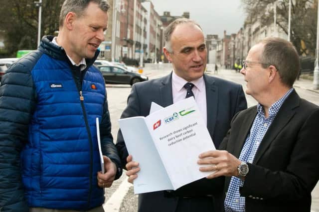 ABP, in conjunction with the Irish Cattle Breeding Federation (ICBF) and Teagasc has announced the latest results from its dairy beef genetic research programme, demonstrating a significant shift in carbon reductions in dairy beef. Making the announcement are Padraig French, Head of Dairy Research at Teagasc, Andrew Cromie, ICBF Technical Director and Dean Holroyd, Group Technical and Sustainability Director, ABP. Picture: Colm Mahady/Fennell Photography 2019