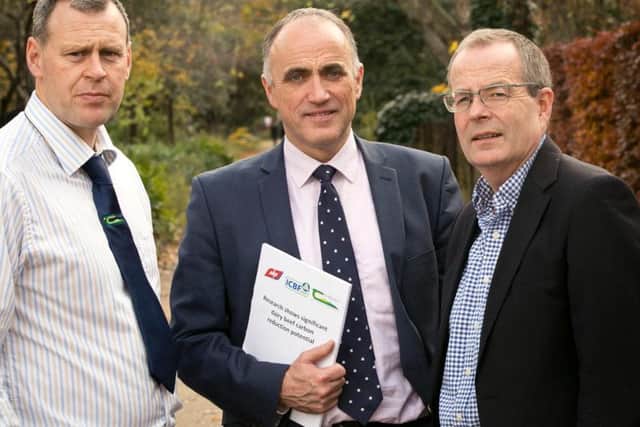 ABP, in conjunction with the Irish Cattle Breeding Federation (ICBF) and Teagasc has announced the latest results from its dairy beef genetic research programme, demonstrating a significant shift in carbon reductions in dairy beef. Making the announcement are Padraig French, Head of Dairy Research at Teagasc, Andrew Cromie, ICBF Technical Director and Dean Holroyd, Group Technical and Sustainability Director, ABP. Picture: Colm Mahady/Fennell Photography 2019