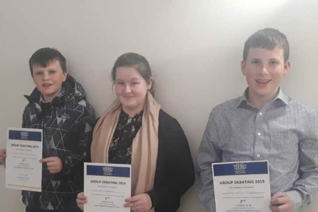 Members of Ballywalter YFC who took part in the recent group debating finals at Magherafelt High School. The club's 12-14 team were placed second in Northern Ireland overall. The team was made up of James Patton, Ellie Brown and Andrew Lemon