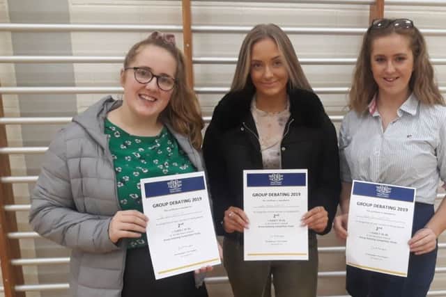 Zara Davis, Kirsty Wallace and Kirsten Davis from Lylehill YFC who were placed second in the 16-18 group debating final at Magherafelt High School