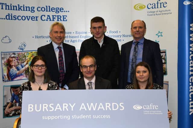 Foundation Degree in Horticulture Bursary recipients: Back row (left to right) Paul Mooney, Head of Horticulture Branch, James Dickey, winner of the Calor bursary and Mark McClements, Calor. Front row (left to right) Jeni Jarden, winner of the Bulrush bursary, Martin McKendry CAFRE Director and Dominika Glowinkowska, winner of the Idverde Bursary