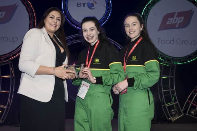 BT Young Scientist & Technology Exhibition 2020 Awards
ABP Food Group Award presented by Maria Killmartin, Animal Welfare Manager ROI and Poland ABP Food Group to Abbey Hehir and Rebecca Murphy, St John Bosco Community College, Clare for their project "Slurry Pit Saver" in the Technology Intermediate Group Category.
(Ryely Cantrell from this group was absent)
Photo Chris Bellew / Fennell Photography 2020