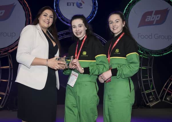 BT Young Scientist & Technology Exhibition 2020 Awards 

ABP Food Group Award presented by Maria Killmartin, Animal Welfare Manager ROI and Poland ABP Food Group to Abbey Hehir and Rebecca Murphy, St John Bosco Community College, Clare for their project "Slurry Pit Saver" in the Technology Intermediate Group Category.
(Ryely Cantrell from this group was absent) 

Photo Chris Bellew / Fennell Photography 2020