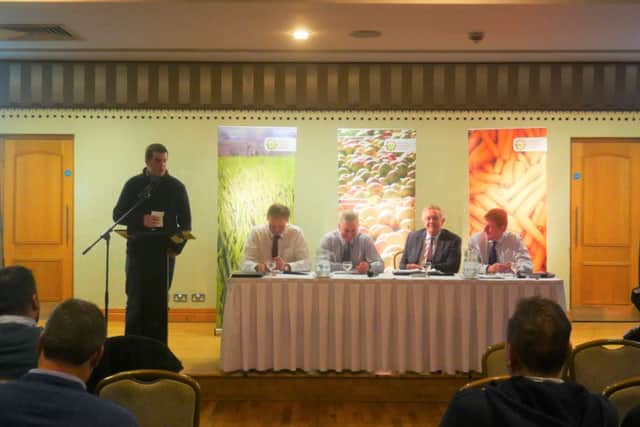 Fermanagh county chair Andrew Little, welcomes everyone to the first UFU Roadshow of 2020. Also pictured is (L-R) UFU deputy president David Brown, UFU deputy president Victor Chestnutt, UFU president Ivor Ferguson and UFU CEO Wesley Aston.