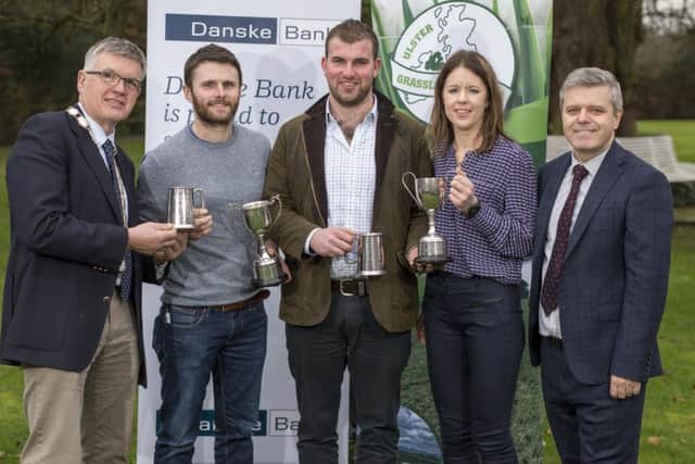 Runner Up Awards in the UGS Grassland Farmer of the Year Competition went to Geoffrey Malcomson (Silage Round) and Robert Patterson (Grazing Round) who are pictured with UGS President Charlie Kilpatrick; Debbie McConnell, Competition Secretary and David Cassidy, Agribusiness Manager, Danske Bank