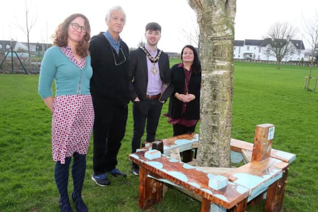 Pictured at the launch of The Dreamers Space exhibition and outdoor trail at Flowerfield Arts Centre are artist-in-resident Corrina Askin, Chris Springhall, the Mayor of Causeway Coast and Glens Borough Council Sean Bateson and Cultural Services Development Manager Desima Connolly.