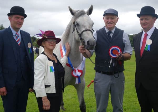 Judge Peter O'Malley, right, with fellow judges and Connemara Pony class winner James Naan, second right, at the Omagh Show