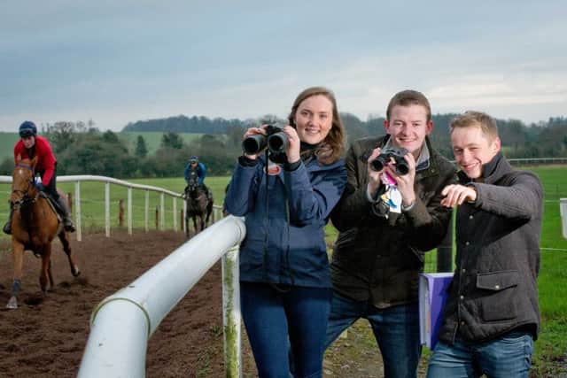 Pictured at the launch of the Go Racing Student Society at Gordon Elliotts Cullentra House Stables were: Ashley OSullivan (Smurfit Graduate Business School student), Mark Hourigan (DIT student) and Tarlach Mac Giolla Cheara (UCD student).