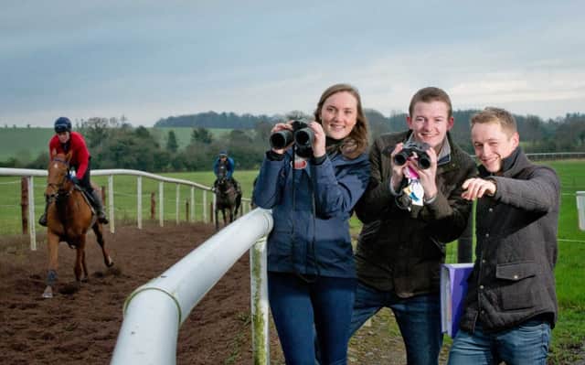 Pictured at the launch of the Go Racing Student Society at Gordon Elliotts Cullentra House Stables were: Ashley OSullivan (Smurfit Graduate Business School student), Mark Hourigan (DIT student) and Tarlach Mac Giolla Cheara (UCD student).