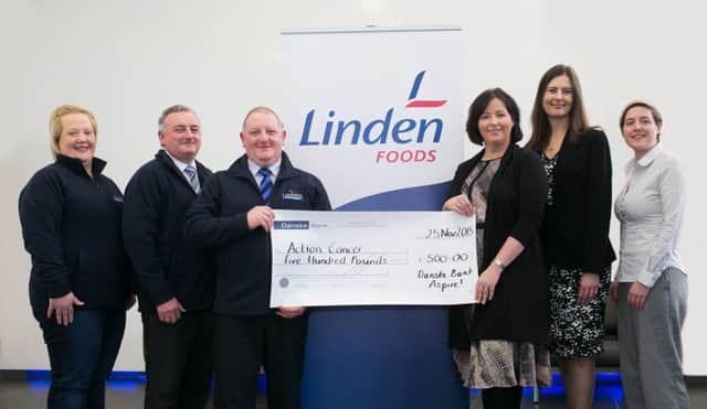 Pictured (L-R): From Linden Foods: Victoria Millar - Manufacturing Manager, Andrew Morrow- Continuous Improvement Manager & Richard Carson - Operations Manager.  Presenting the cheque from Danske Bank: Angela Rowan, Elaine McGibbon & Danielle Harper