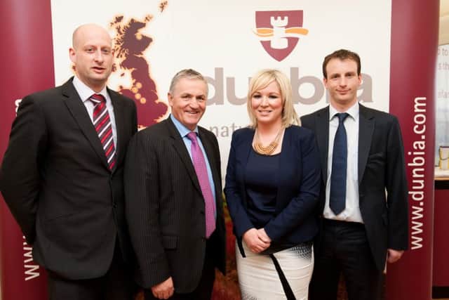 Dunbia Group Chief Executive, Jim Dobson (centre) is pictured with Department of Agriculture & Rural Development Minister Michelle ONeill MLA.  Included in the pictured are (r)Matthew Dobson, Dunbia Managing Director for Northern Ireland & Scotland and Dr Jonathan Birnie, Head of Agriculture & Research
