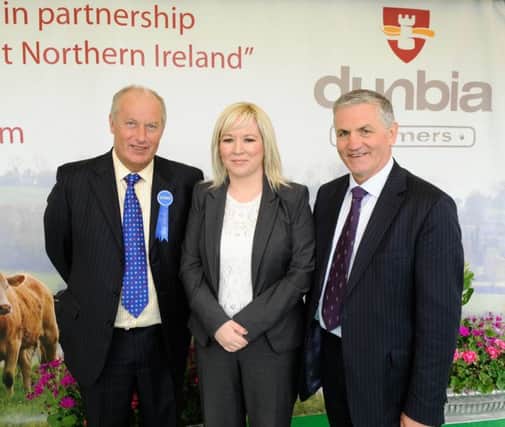 Dunbia Group Chief Executive Jim Dobson (r) and Dunbia Executive Director Jack Dobson pictured with DARD Minister Michelle O'Neill MLA