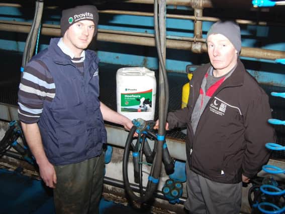 Provita's Kieran Donnelly (left) on farm with Eric Bloomfield from Portglenone earlier this week