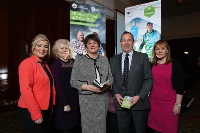 Press release image 

Press Eye - Belfast - Northern Ireland - 26th January 2016 - 

First Minister Arlene Foster pictured with Agriculture Minister Michelle O'Neill, Michele Shirlow, Chief Executive of Food NI, John Best, Chairman of Food NI and Regional Development Minister Michelle McIlveen joined directors and senior managers from food and drink companies, artisan producers and chefs at the official industry launch of the year-long campaign at a breakfast held by Food NI in Belfast.

Picture by Kelvin Boyes/ Press Eye